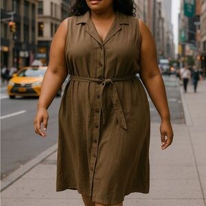 Contact Plus New York 3X Sleeveless Button-Front Linen Blend Belted Midi Dress